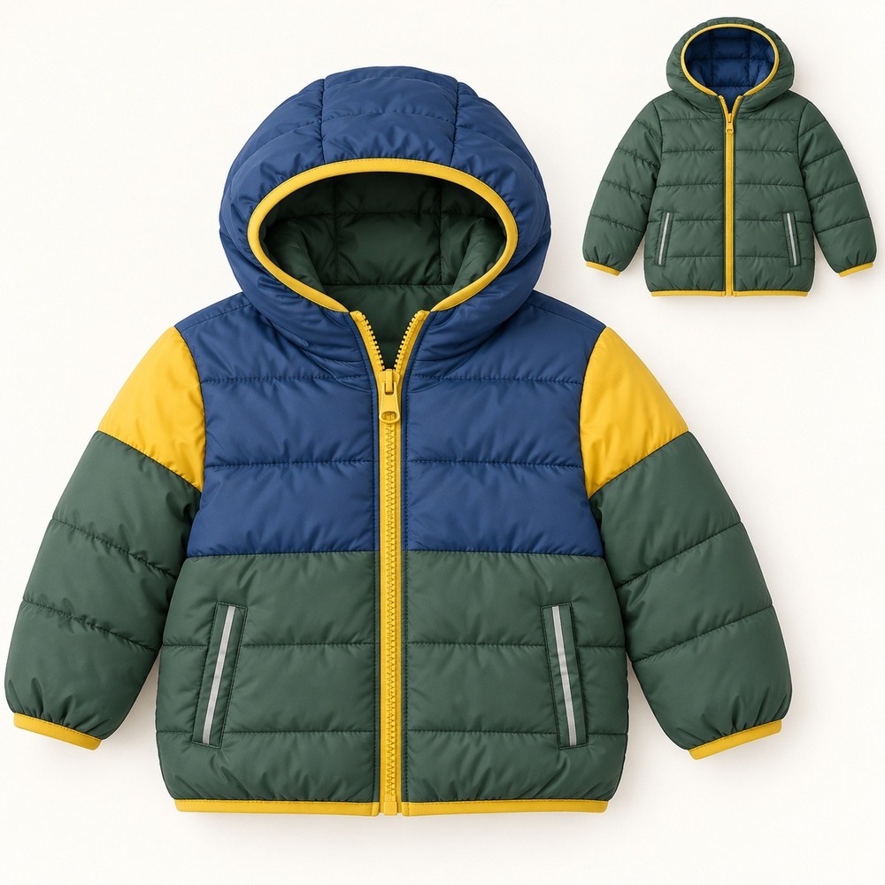 Hanna Andersson Reversible Puffer Jacket Toddler 3T Green Blue Yellow Hooded
